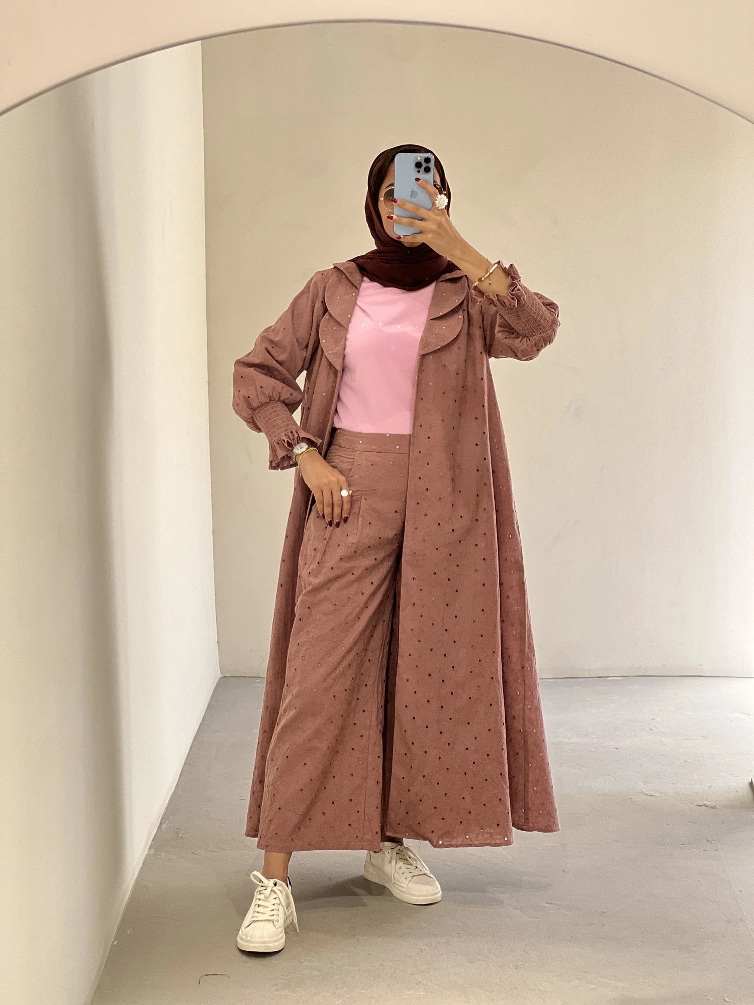 Contessa Collection abaya full set Dubai featuring a stylish long coat and matching pants in dusty pink