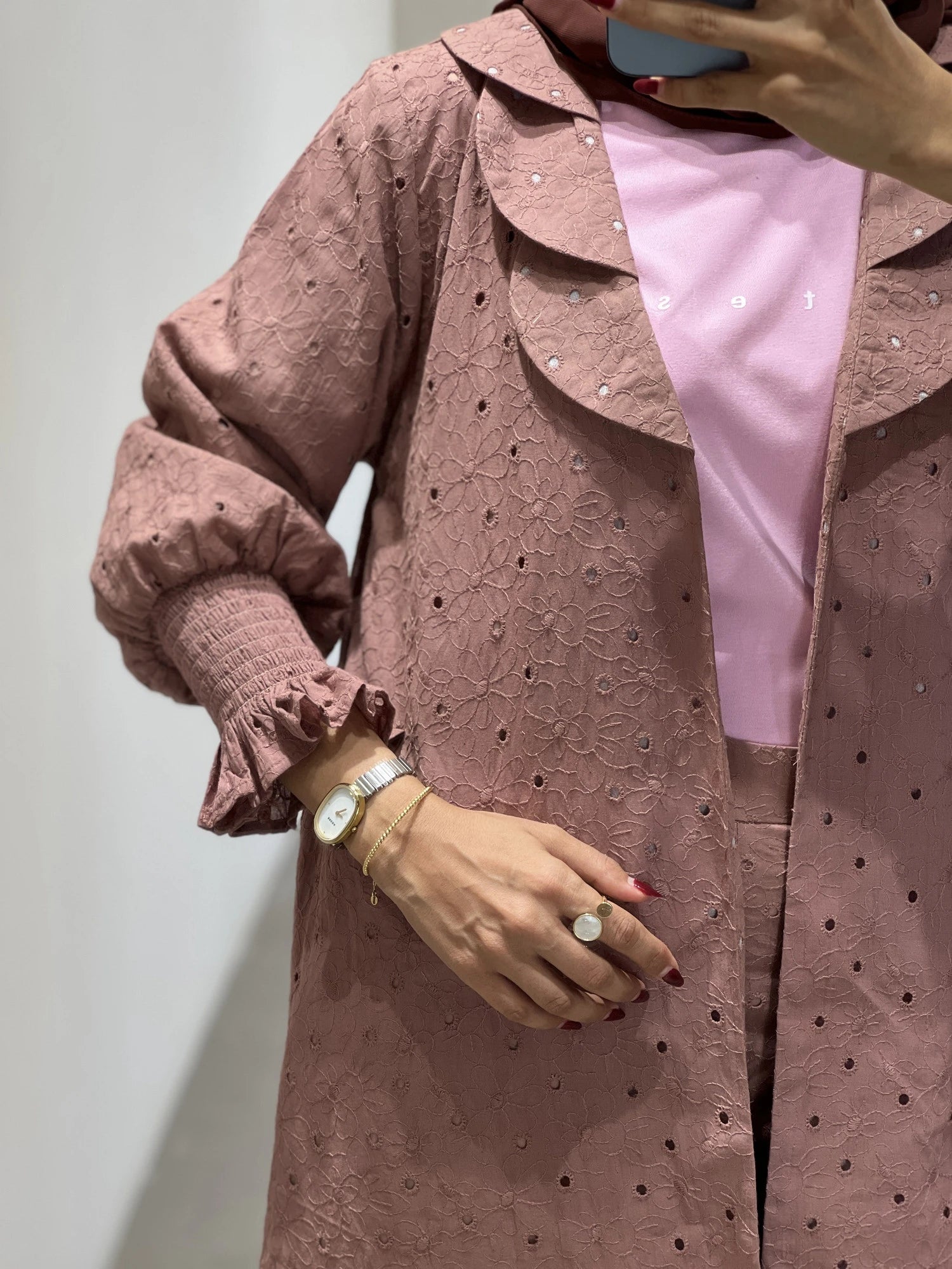 Contessa Collection abaya full set Dubai featuring a stylish design with ruffled sleeves and a matching outfit