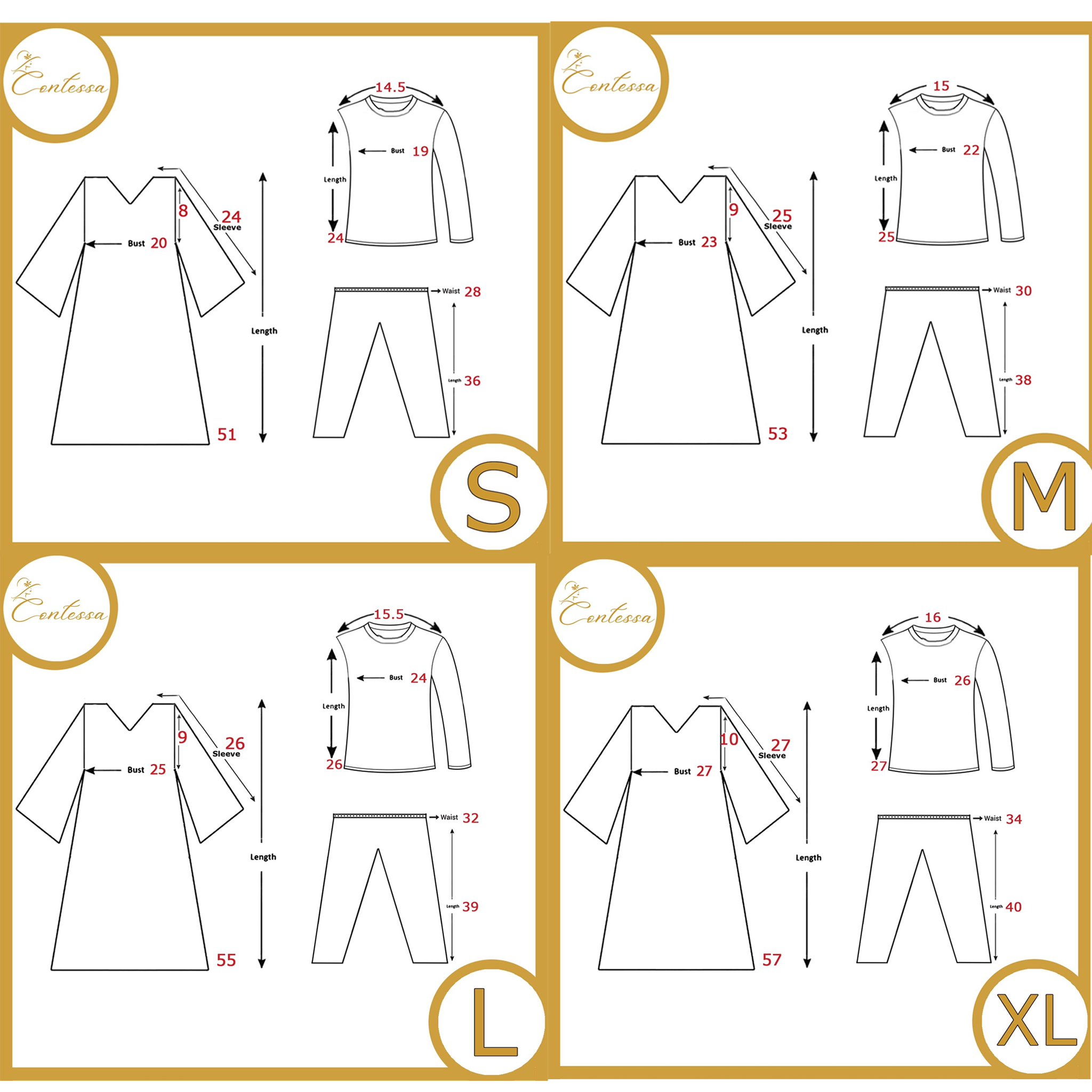 Sizing chart for Contessa Collection abaya full set Dubai in small, medium, large, and extra-large