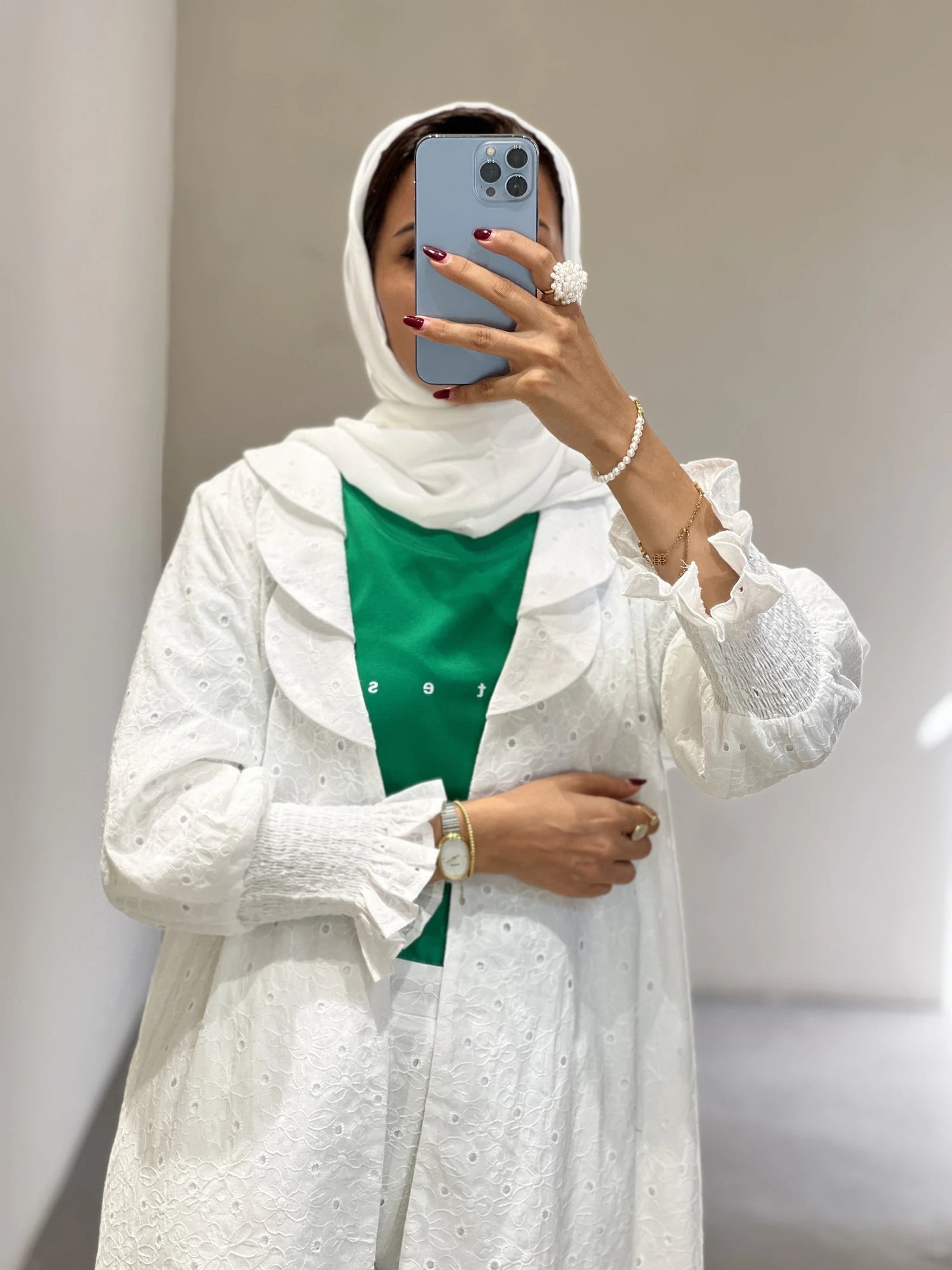 Contessa Collection abaya full set Dubai featuring white embroidered fabric and elegant design