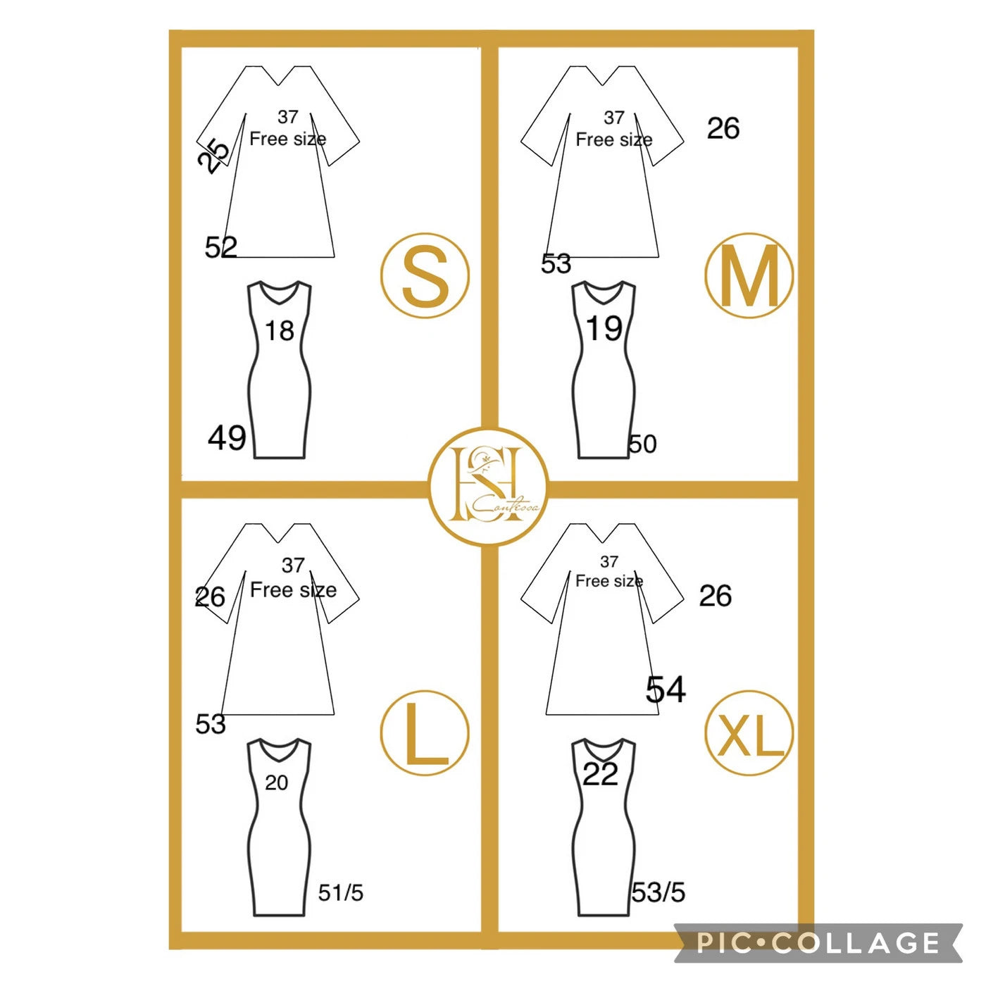 Size chart for Contessa Collection beige abaya with underdress in various sizes for a perfect fit