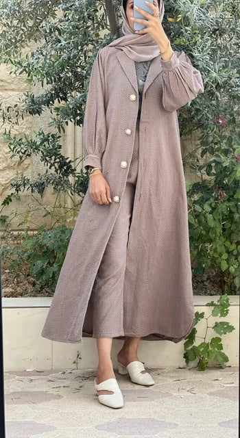 Elegant luxury abaya set Dubai in soft fabric with button details and matching hijab