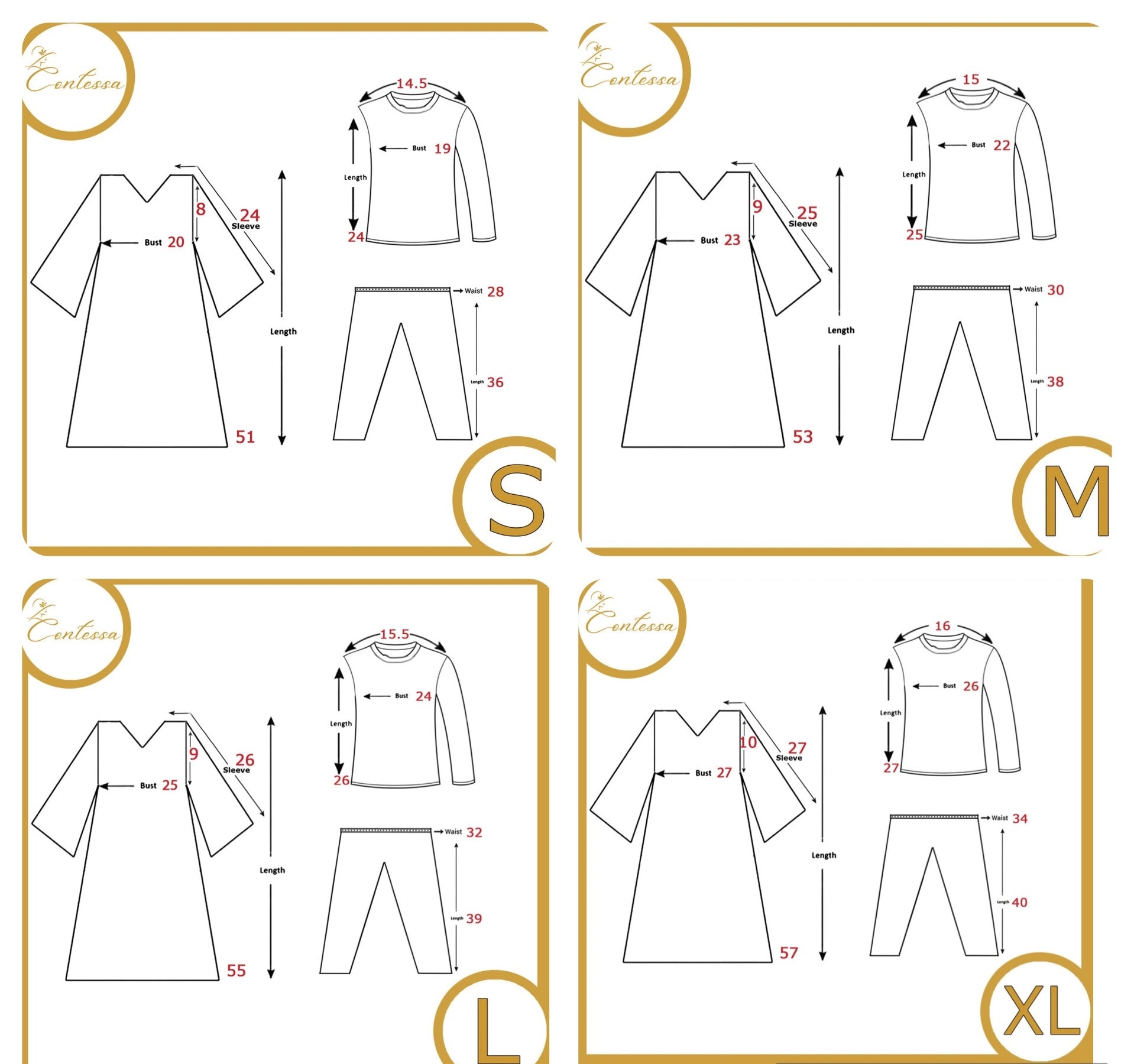 Size guide for luxury abaya set Dubai with measurements for small, medium, large, and extra-large sizes