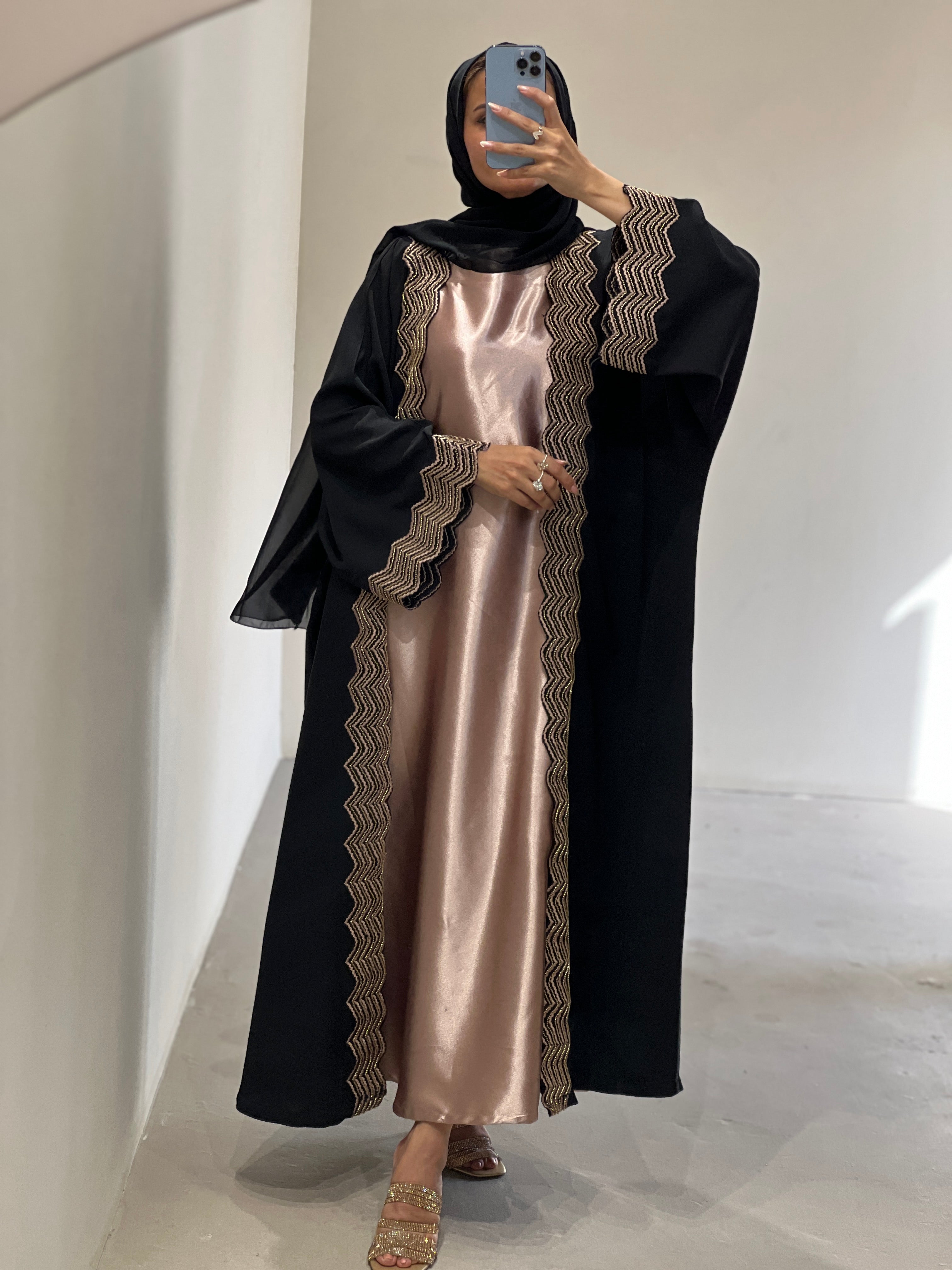 Elegant luxury abaya set with dress and sheila featuring intricate detailing and a stylish design