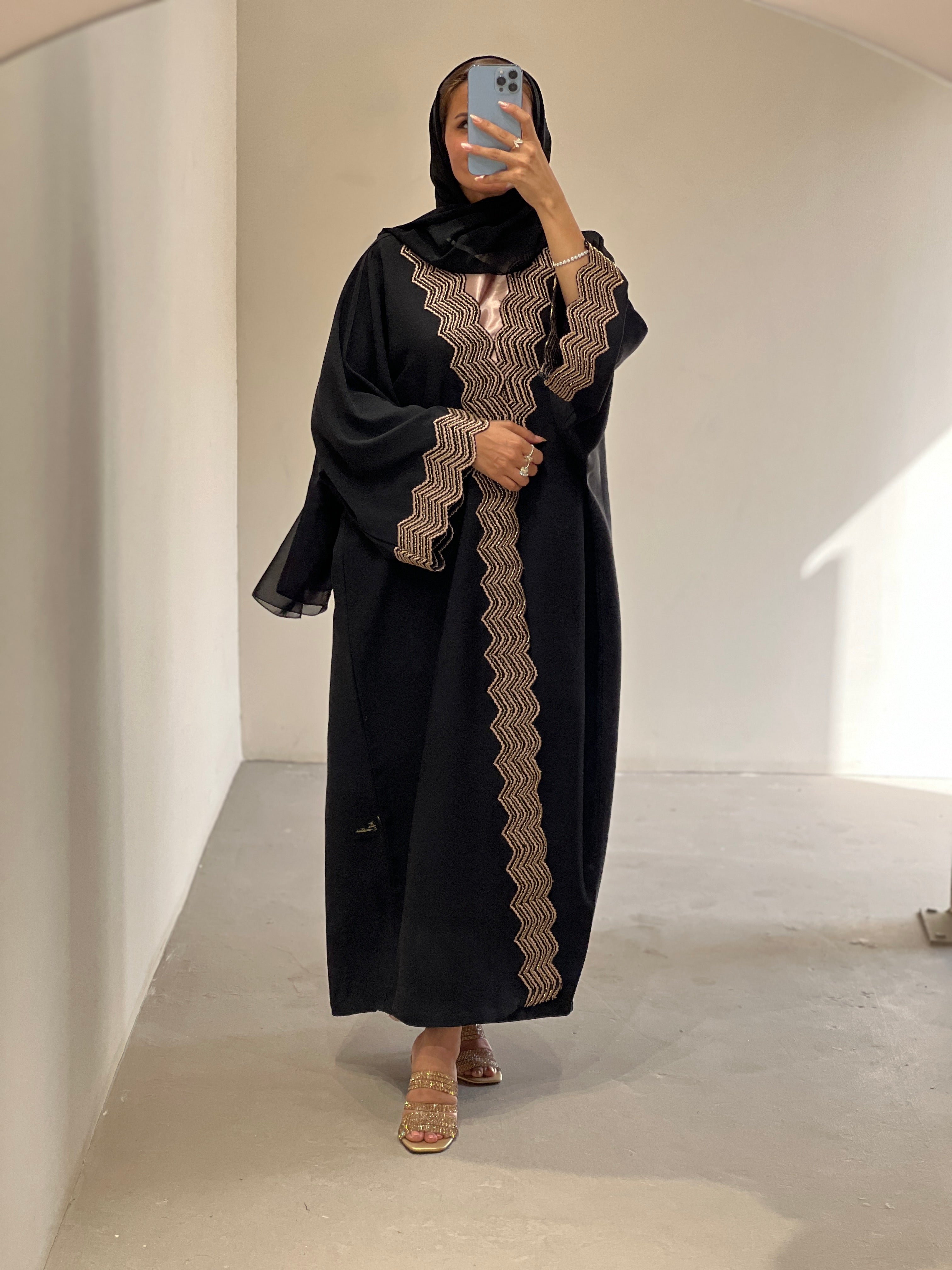 Elegant Contessa Collection luxury abaya set with dress and sheila in black with intricate detailing