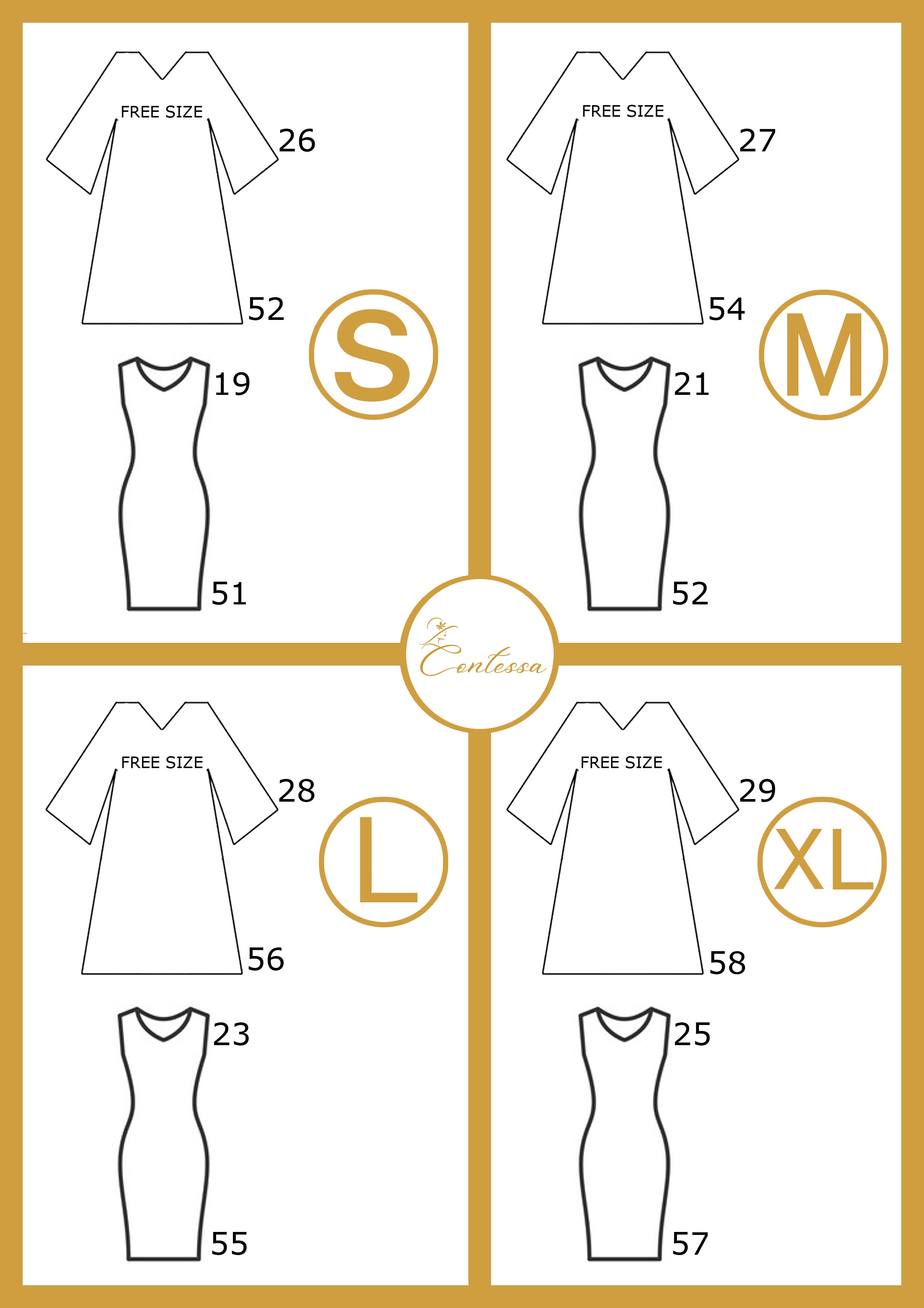 Sizing chart for Contessa Collection luxury abaya set with dress and sheila, featuring sizes S, M, L, and XL
