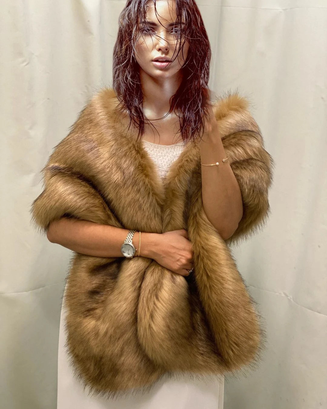 Elegant luxury fur shawl Dubai in a rich golden hue for glamorous occasions and stylish layering