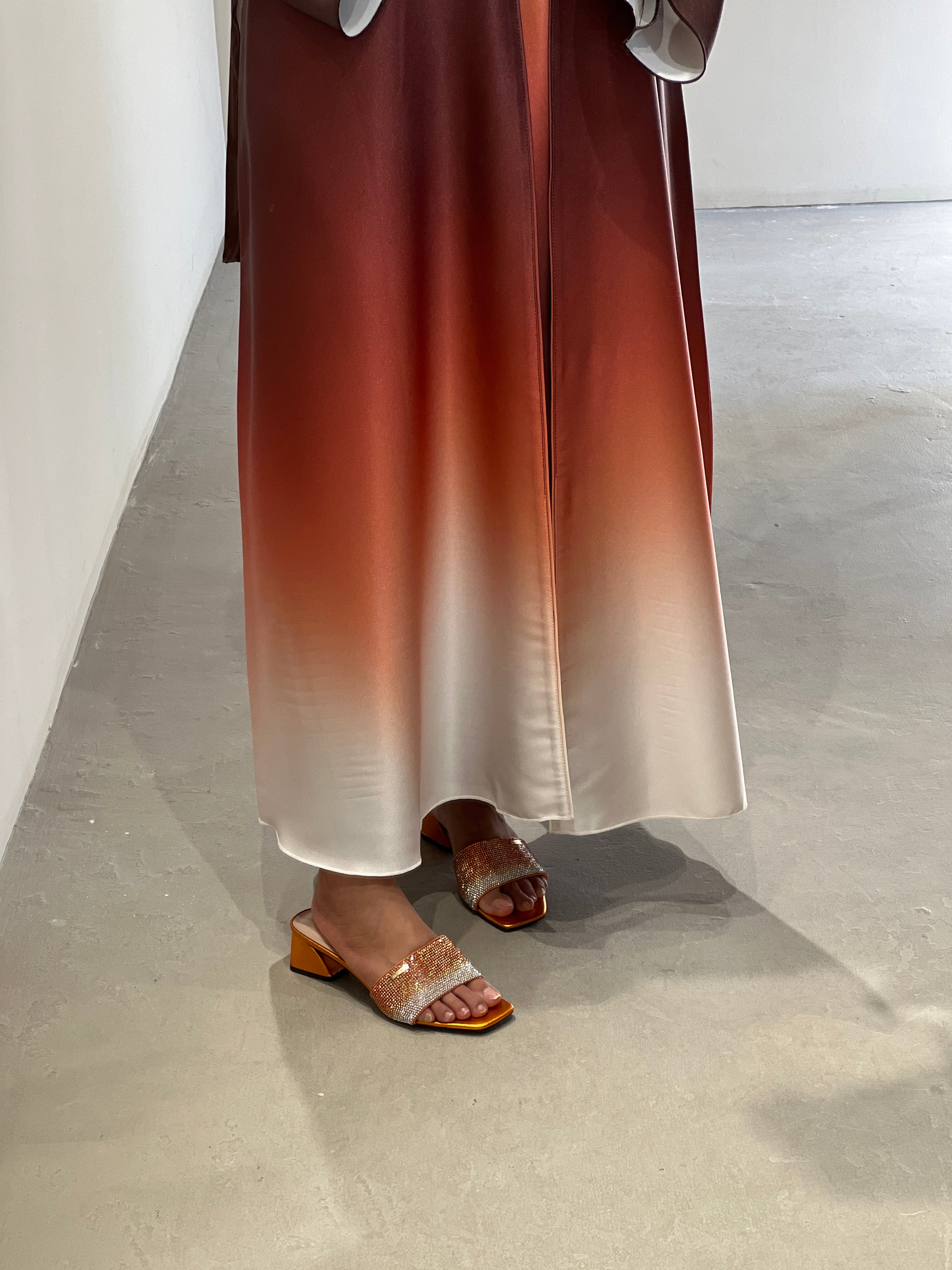 Contessa Collection multicolor fade abaya Dubai displayed on a model with stylish sandals