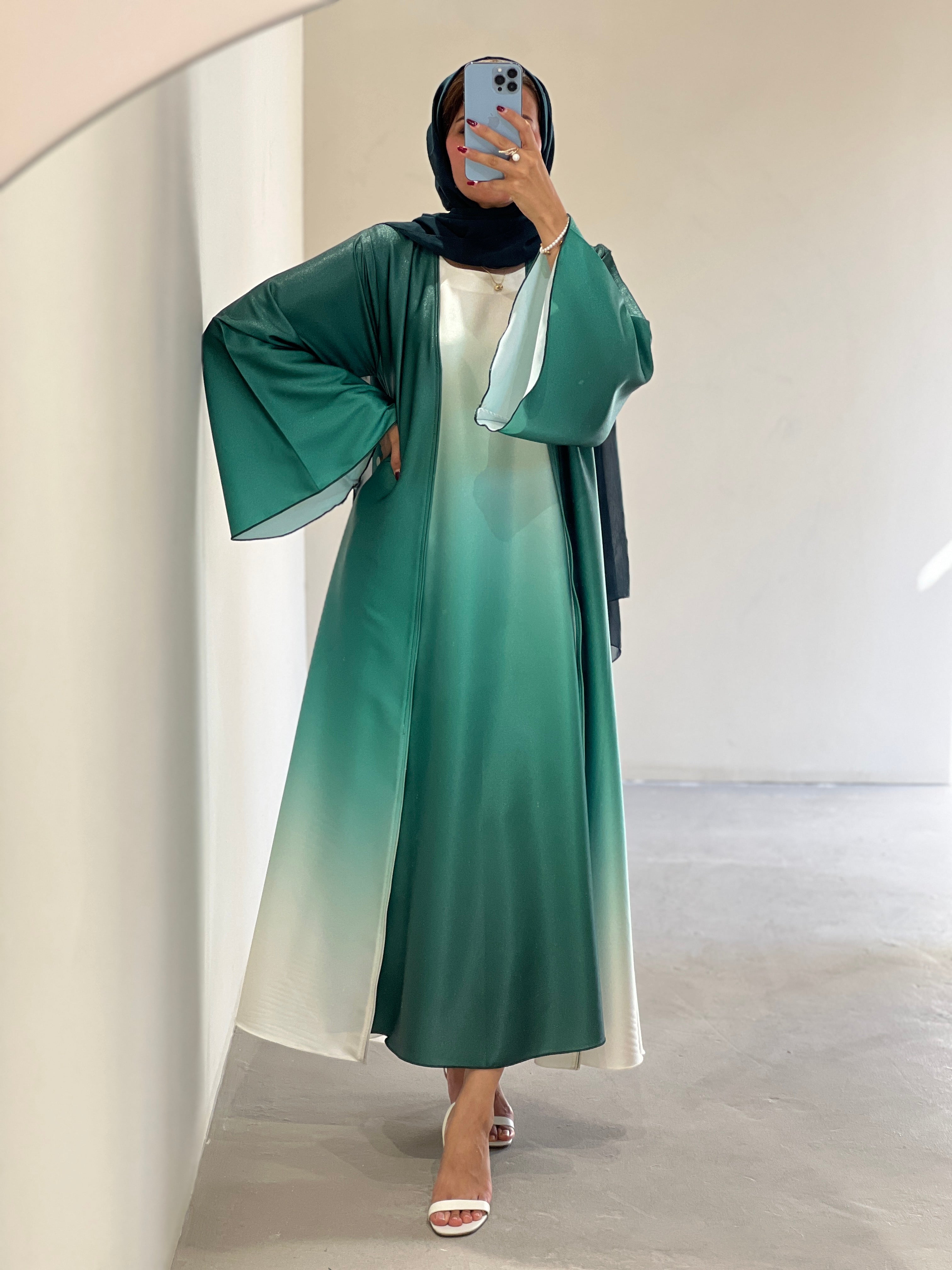Contessa Collection Multicolor Fade Abaya Dubai in green with flowing sleeves perfect for elegant occasions