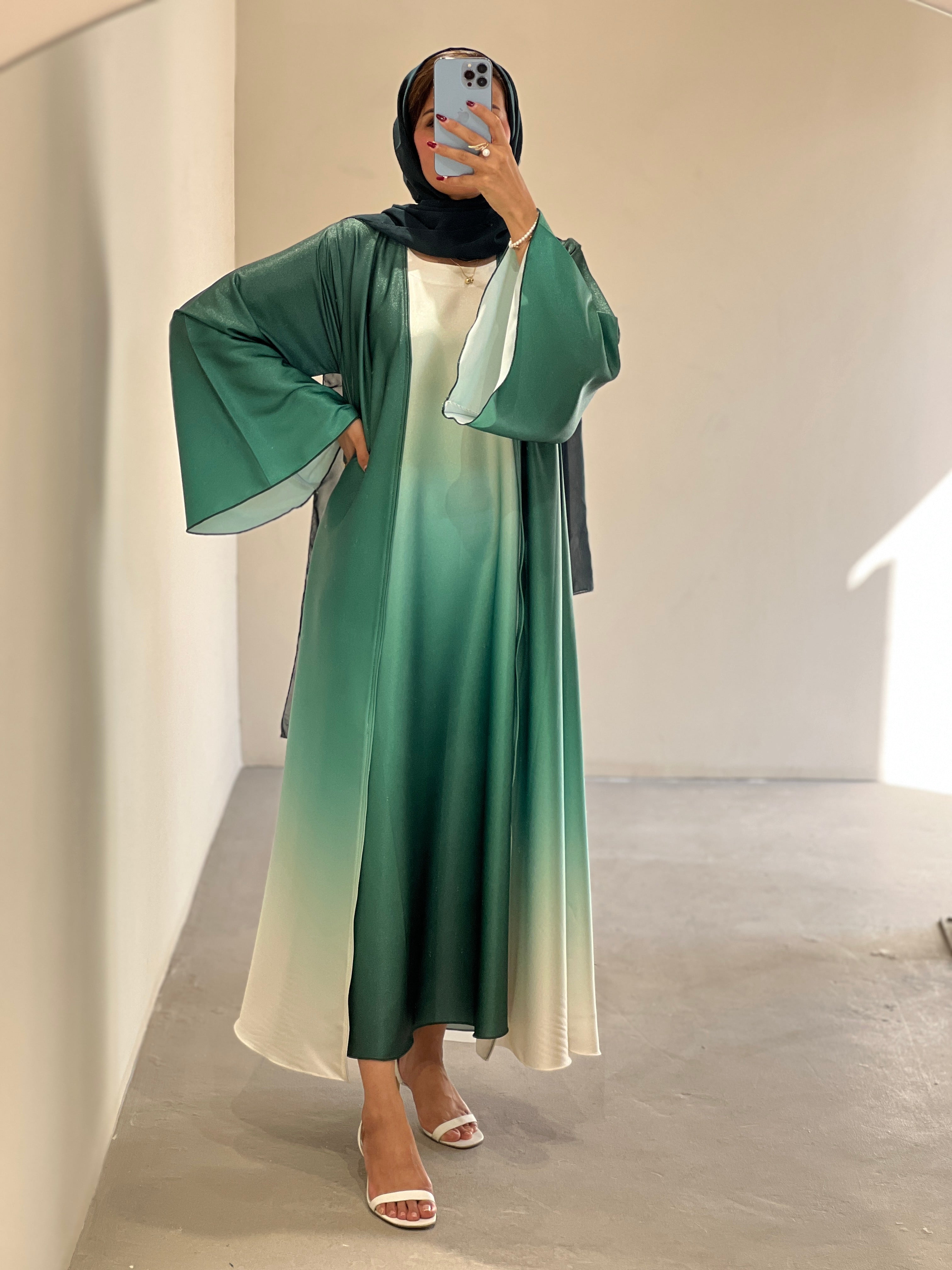 Contessa Collection multicolor fade abaya Dubai with flowing sleeves and elegant gradient design