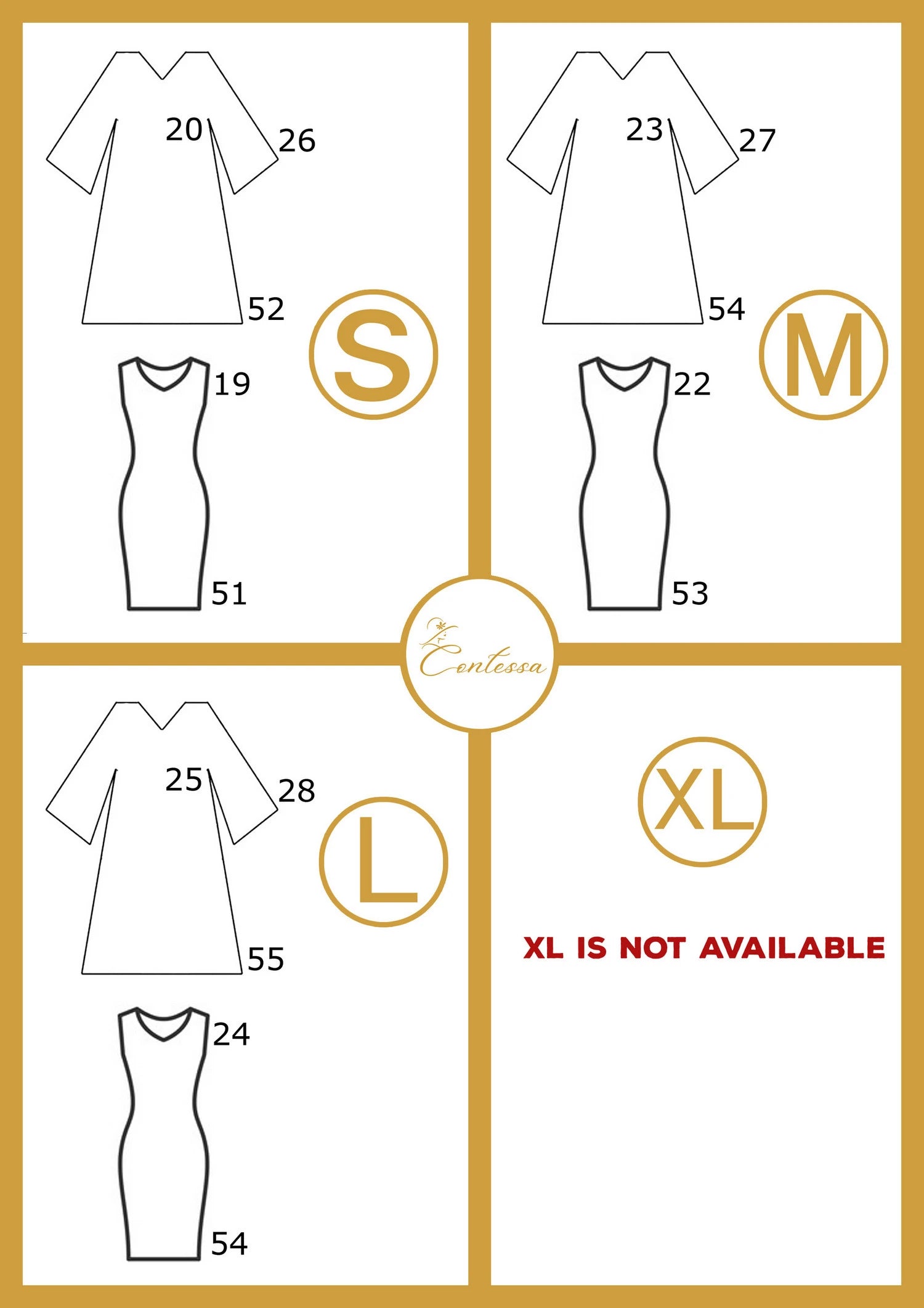 Size chart for Contessa Collection multicolor fade abaya Dubai showing measurements for S, M, and L