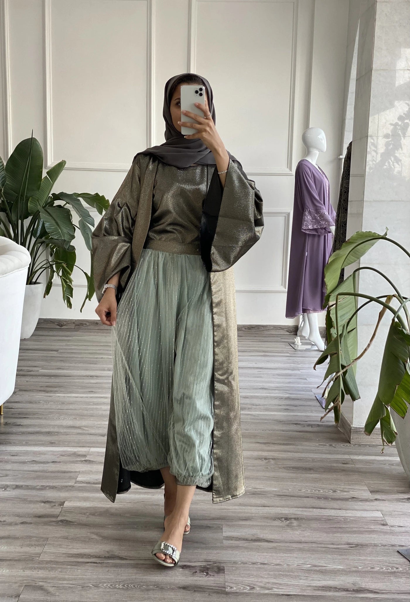 Elegant full set from Contessa Collection featuring stylish party wear with a long coat and pleated pants