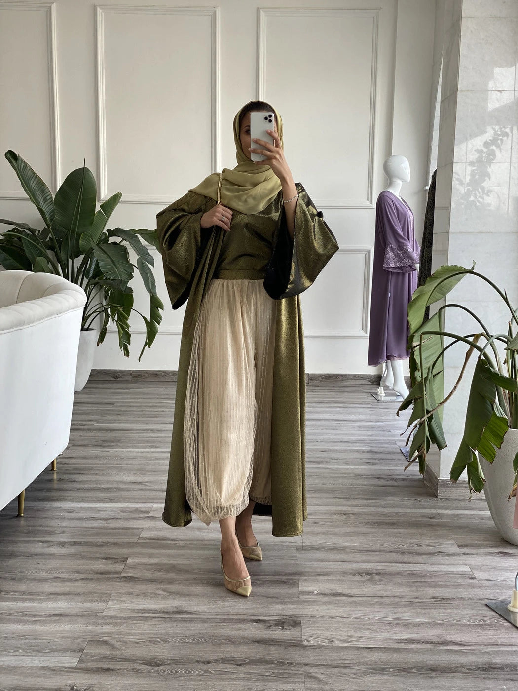 Contessa Collection full set in olive green for elegant party wear with stylish draping sleeves