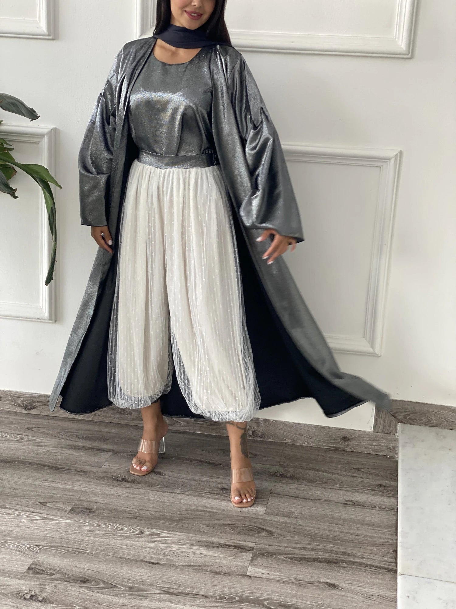 Contessa Collection Full Set in Silver featuring Party Wear top and pleated pants for stylish occasions