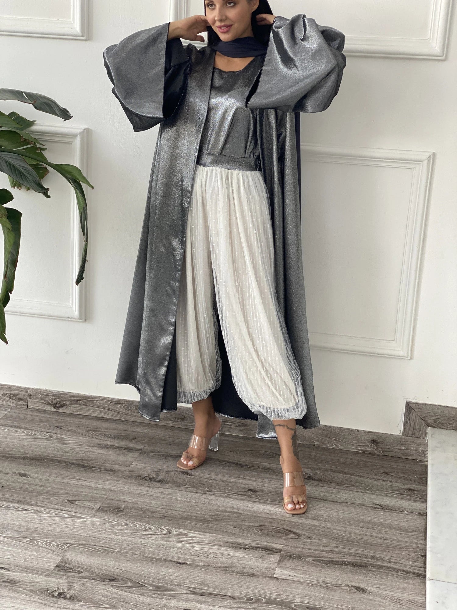 Contessa Collection Full Set in Metallic Grey with Elegant Party Wear Top and Pleated Pants