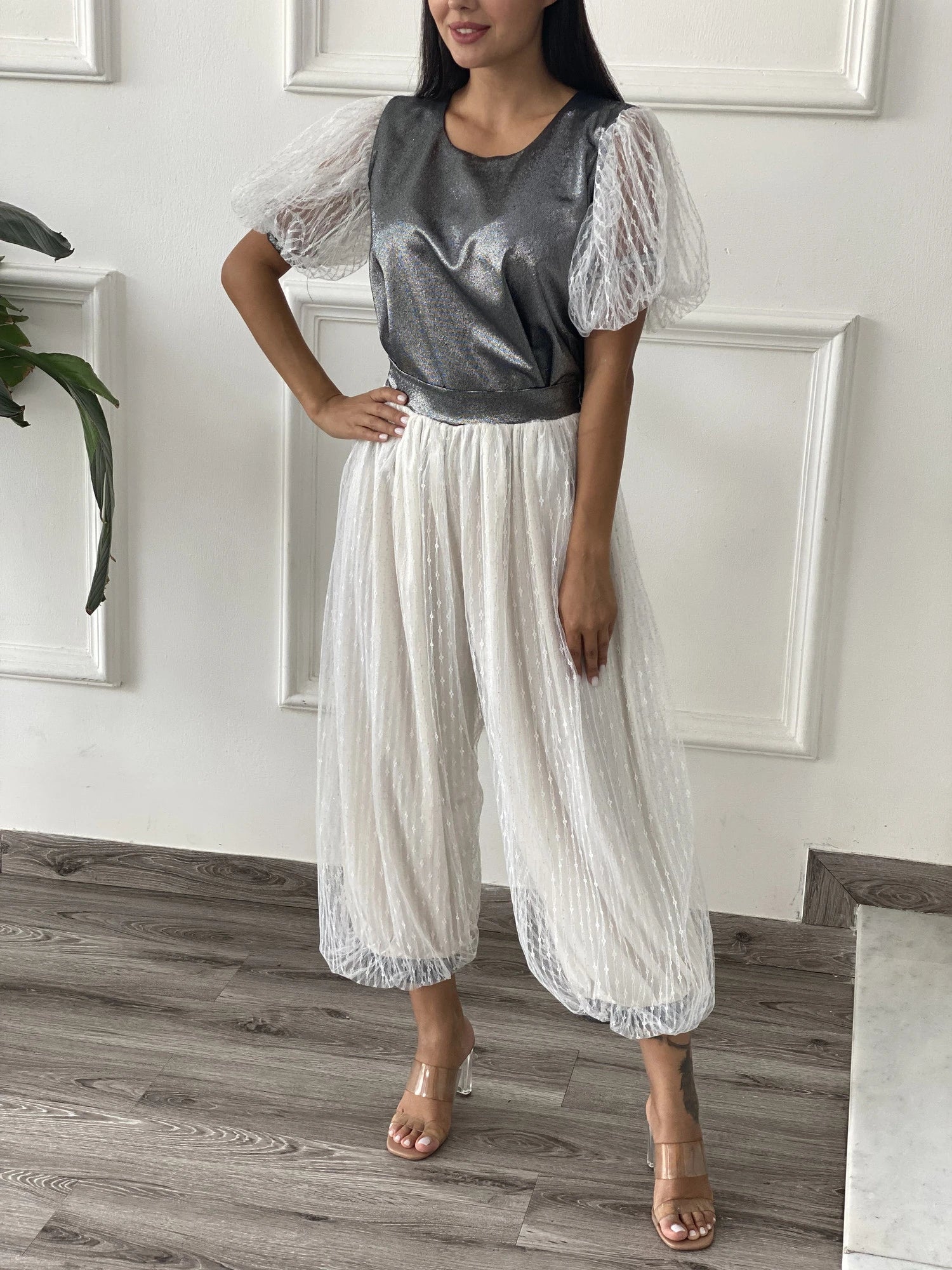 Contessa Collection Full Set featuring Party Wear with puff sleeve top and pleated white pants