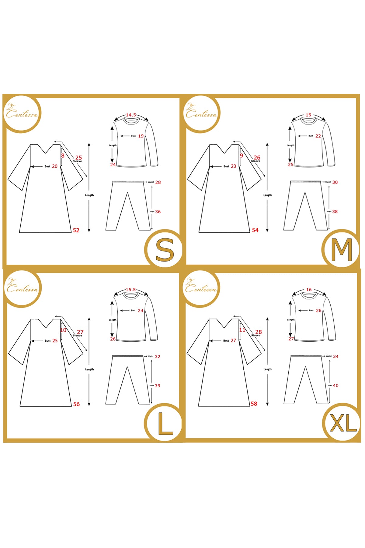 Contessa Collection Full Set Size Chart for Party Wear Including Measurements for S, M, L, XL